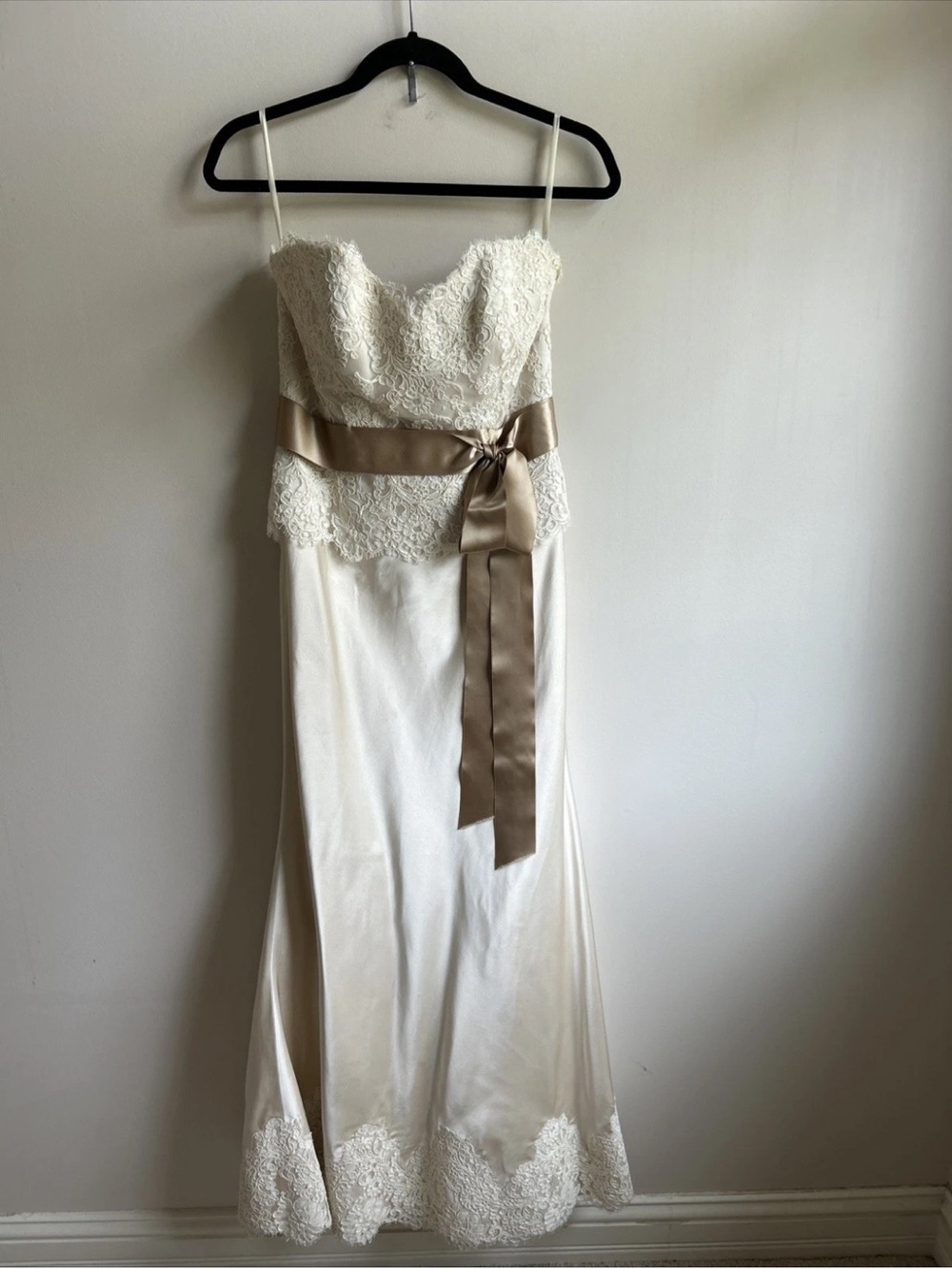100% Silk Paloma Blanca A-line Strapless Ivory Beige Sash Wedding Dress Sz 10